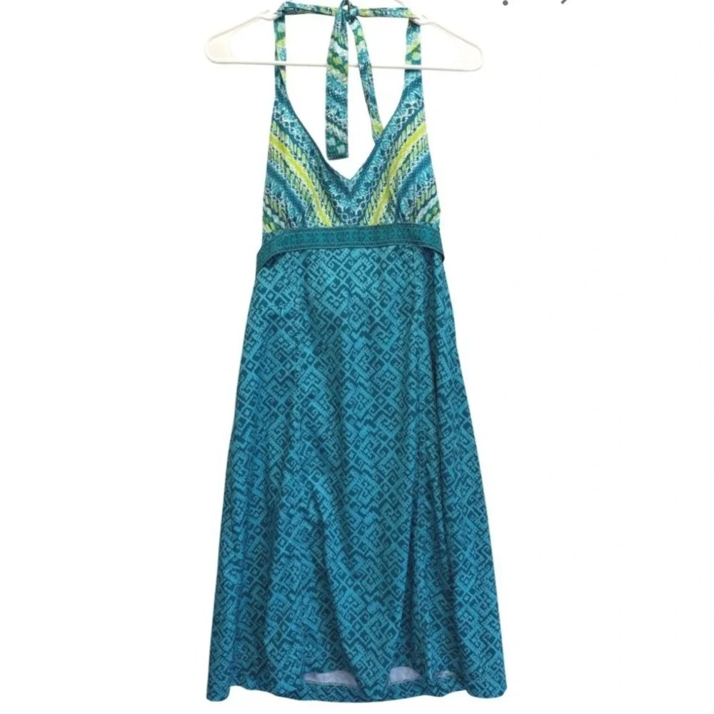 Athleta Pack Everywhere V Neck Halter Dress Turquoise Teal Geometric Design Sz 8